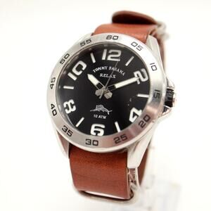 Tommy Bahama Relax Mens 44mm Watch 100M Brown Leather Strap with New Battery